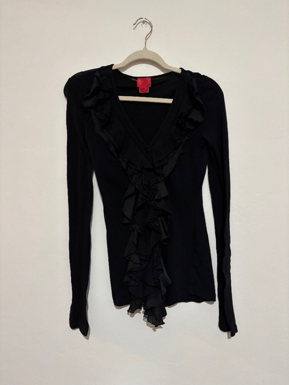 Cristina Black Ruffled V-Neck Long Sleeve Top - Size Small - Whimsigoth